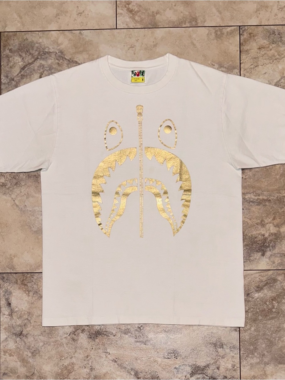 BAPE Gold Foil Shark Face Graphic T-Shirt White Tee Size Medium